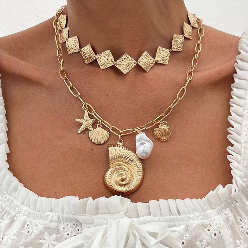 Ozean Ins Wind Sea Star Fan Shell Große Conch Mode Metall Diamant Perle Halskette_voghion.com
