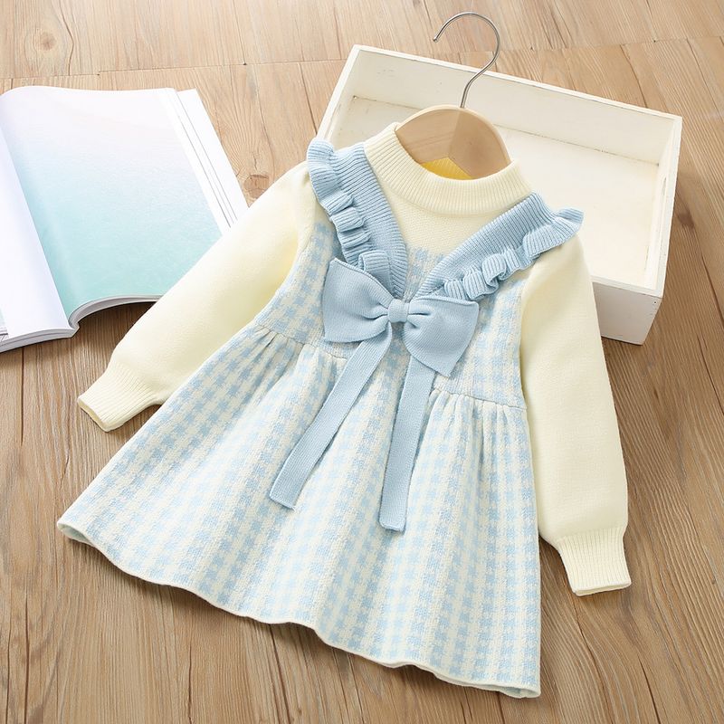 Mädchenkleid, ausgefallenes kleines Mädchen, süßer Strickpullover mit Schleife, Kinderkleid_voghion.com