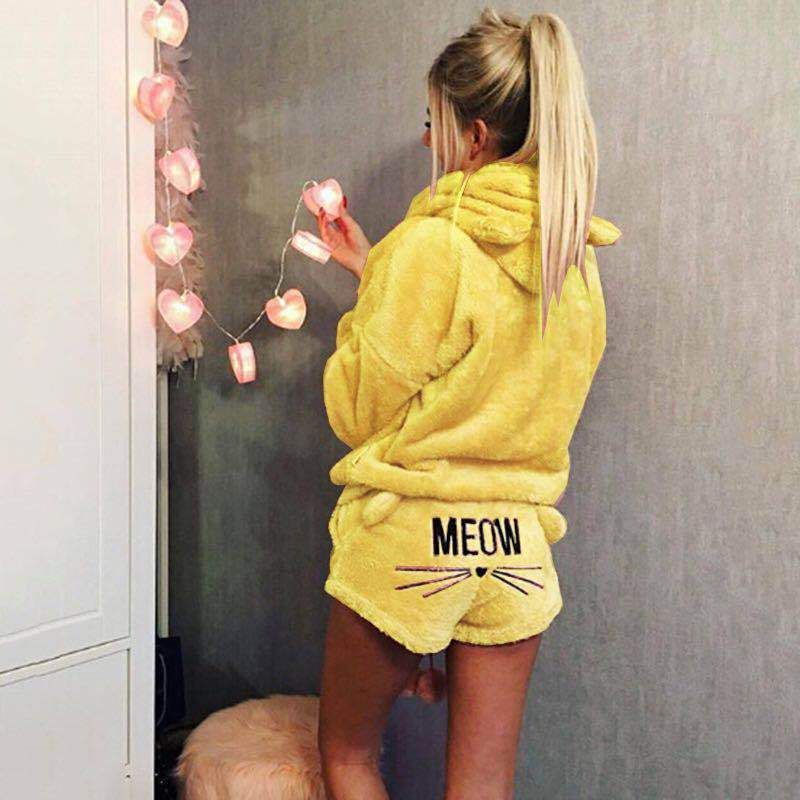 Damenbekleidung, Kleidung, Katze, bestickt, Pyjama, Kapuze, Freizeitanzug, zweiteiliges Set_voghion.com