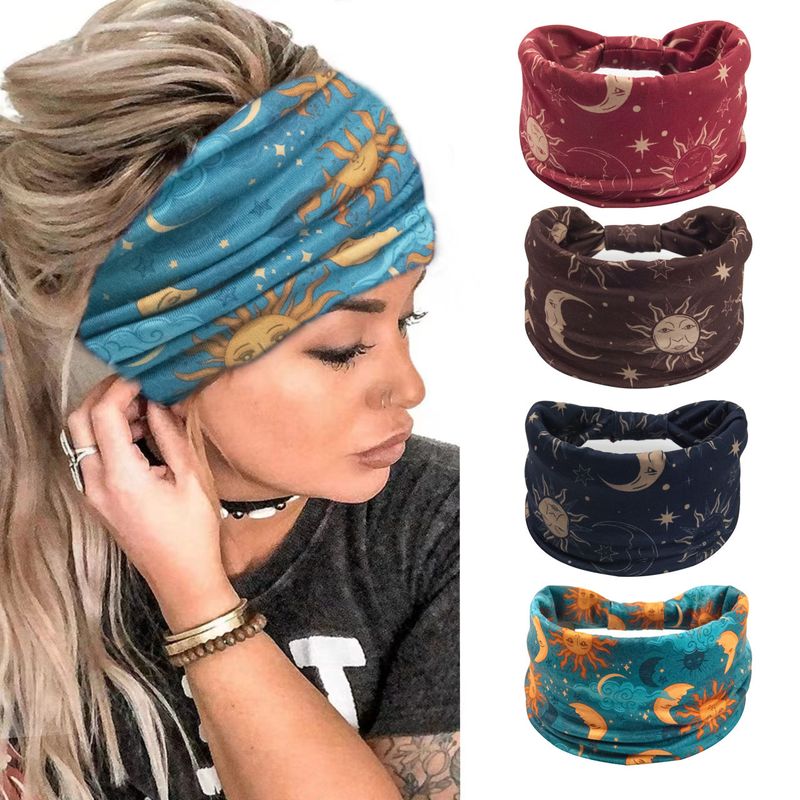 New Sports Starry Sky Moon Printed Bohemian Elastic Sweat-absorbing Women's Wide Edge Headband_voghion.com