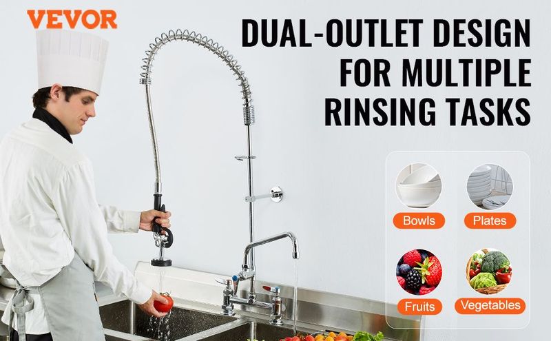VEVOR Commercial Faucet With Pre-Rinse Sprayer, 44" Height, 8" Center, 12" Swing Spout, Deck Mount Kitchen Sink Faucet, Brass Constructed Device With Pull Down Spray, For 1/2/3 Compartment Sink_voghion.com