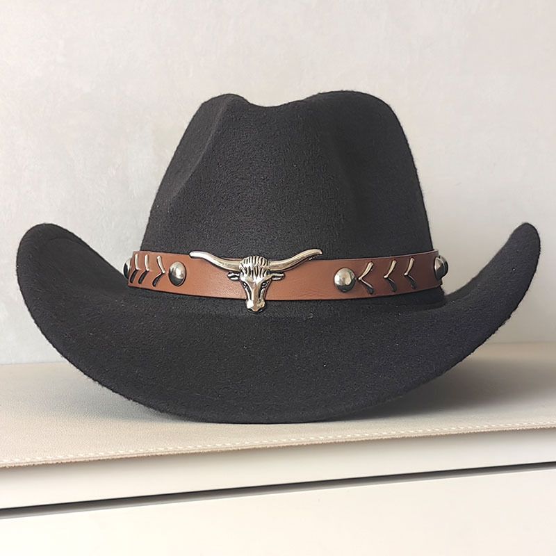 Western-Cowboyhut für Männer und Frauen mit Stierkopf-Accessoire, Fedora mit gerollter Krempe, Sonnenschirm und Sonnenschutzhut im tibetischen Stil_voghion.com
