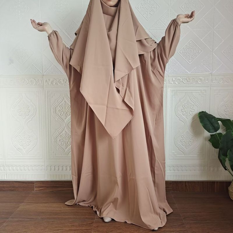 Vestido de dos piezas con hiyab, holgado, con mangas murciélago y color liso para mujer de Dubái, P105_voghion.com