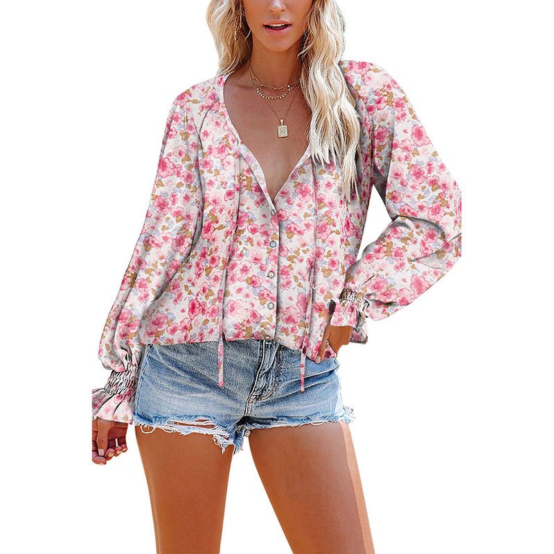 Women's Clothing Loose V-neck Pullover Casual Top Long Sleeved Floral Lotus Leaf Sleeved Chiffon Shirt_voghion.com