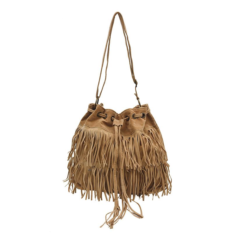 Borsa a tracolla da donna con tracolla a secchiello con coulisse e nappa, nuova e semplice, 2025_voghion.com