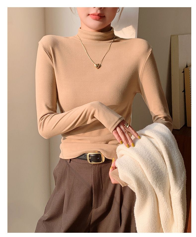 Damen-Thermooberteil mit schmaler Passform und halbem Rollkragen – weiches, elastisches Polyester-Unterhemd für den Winter (Rot, Schwarz, Weiß, Beige, Senfgelb, Kaffeebraun)_voghion.com