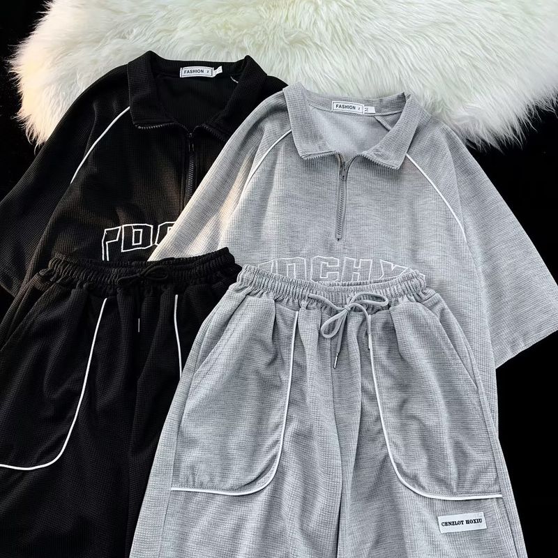 Erkek Giyim yeni küçük moda trendi net kırmızı tuz kızarmış sokak kazak iki parçalı takım_voghion.com