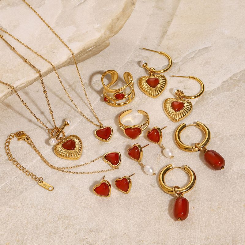 Collana elegante con ciondolo a forma di cuore da donna con agata rossa, catena in acciaio inossidabile, orecchini e anello coordinati, anello in stile minimalista Ins_voghion.com