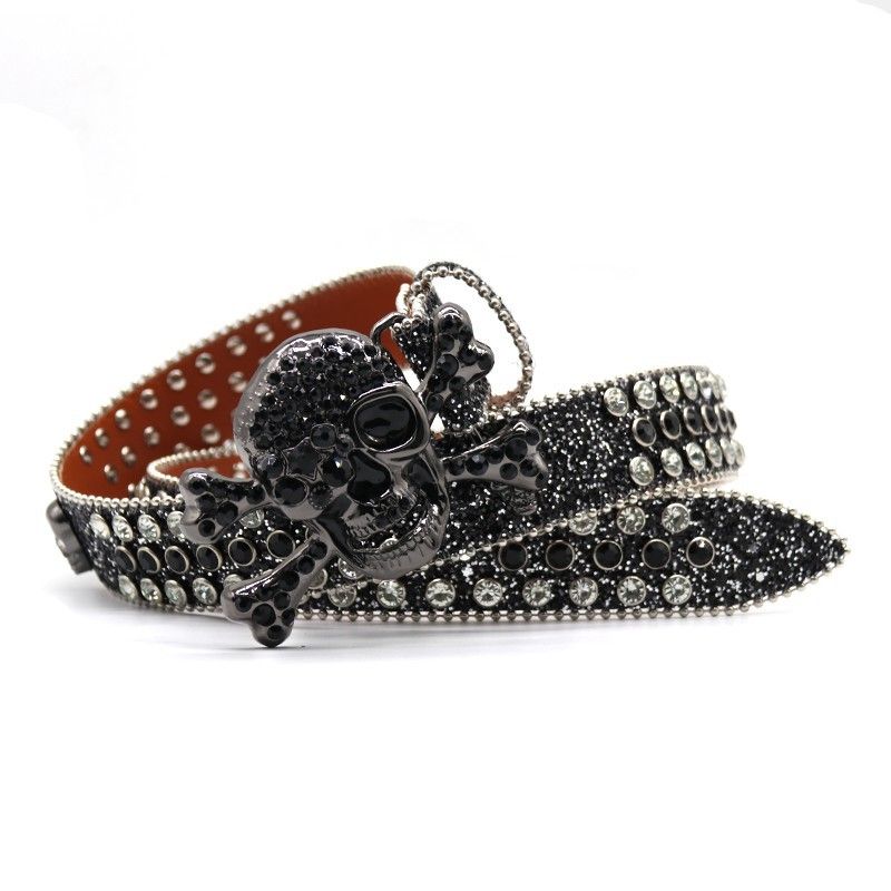Big Skull Head Water Diamond with Men's Inlaid Belt Sparkling Hip Hop Punk Personality Trendy Style_voghion.com