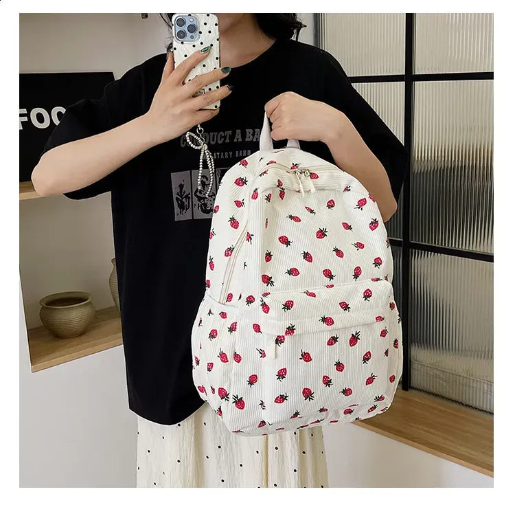 Corduroy Strawberry Backpack Student Multi Pocket Youth Adjustable Strap Notebook Outdoor Mochila Escolars 250408l_voghion.com