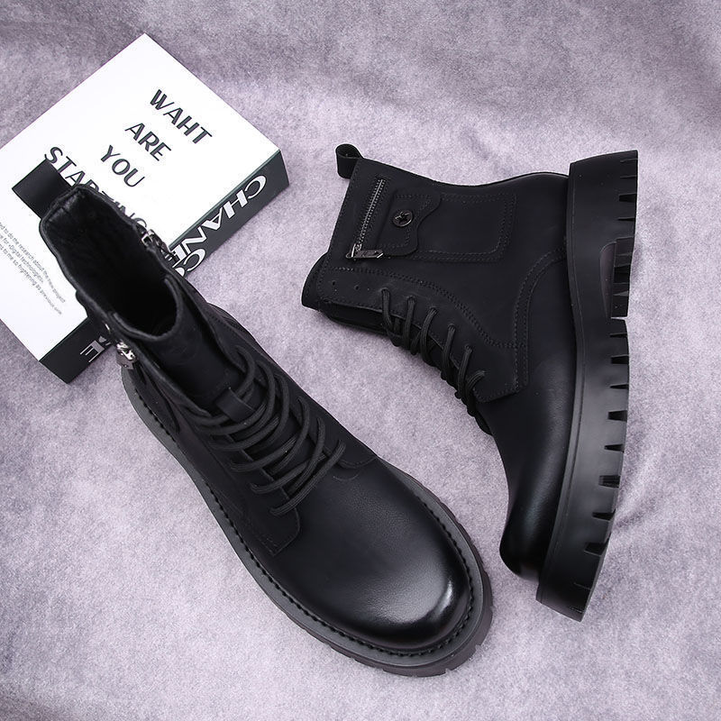Men's Shoes boots men's Martin boots autumn and winter plus velvet high-top casual leather shoes British versatile thick-soled knight short boots_voghion.com