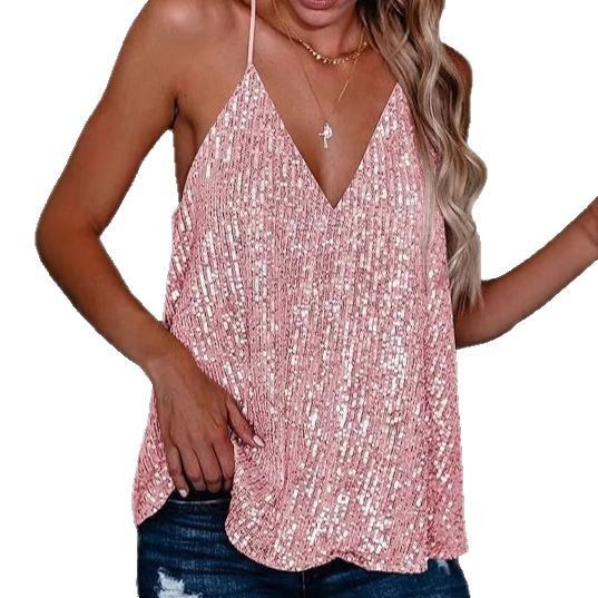Top casual con spalline a V profondo e paillettes, senza maniche, 2025_voghion.com