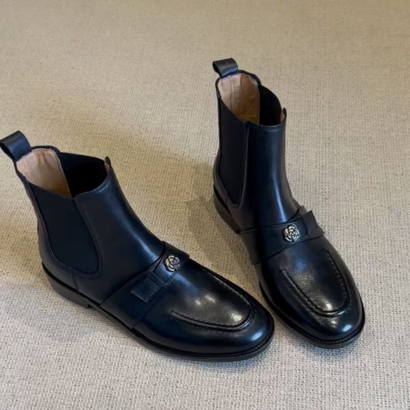 Genuine Leather Short For Women Spring And Autumn Single Elegant Chunky Heel Camellia British Style Martin Boots_voghion.com