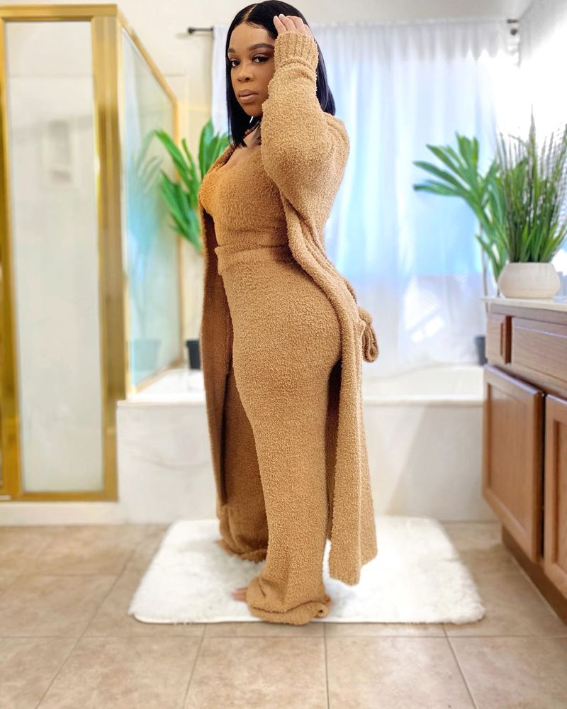 Women's Fleece Belted Robe Coat Two-Piece Set - Long Sleeve Loungewear & Outerwear For Fall/Winter Fashion_voghion.com