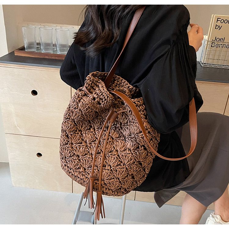 Straw Bag Woven Bag Large Capacity Straw Bag Women's Single Shoulder Armpit Bucket Bag Summer Beach Holiday Beach Bag_voghion.com