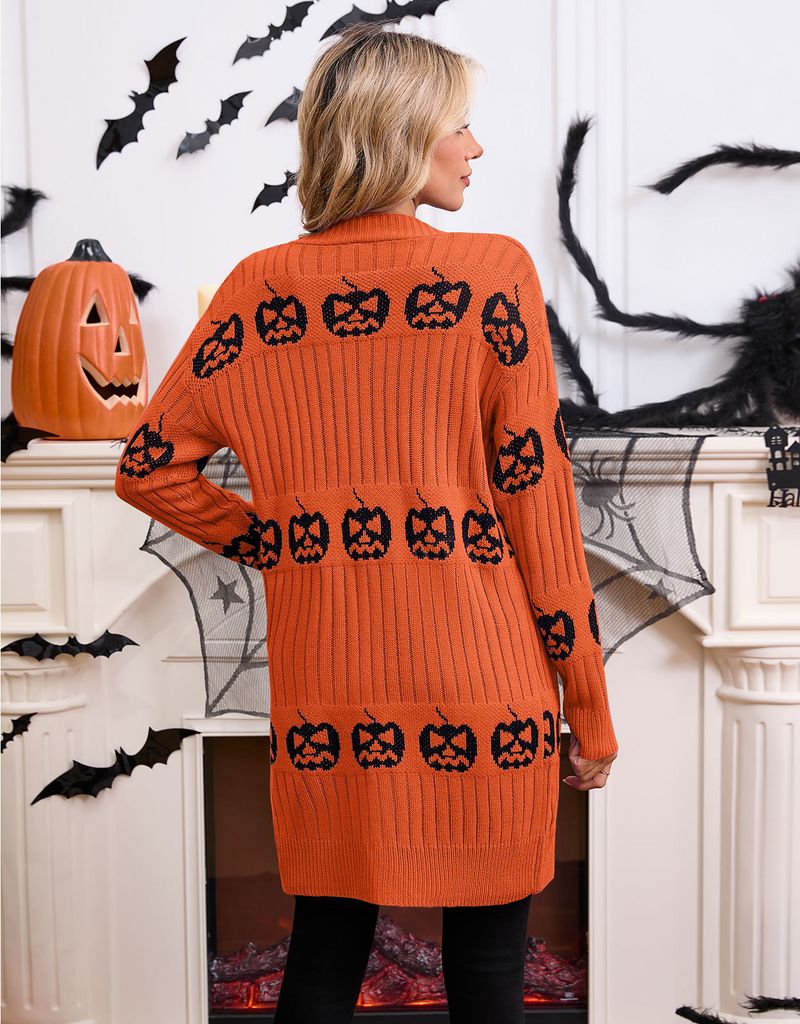 Halloween Pumpkin Jacquard Cardigan Sweater For Women - Acrylic Knit Open Front Coat With V-Neck, Long Sleeve (Black/Orange/Purple)_voghion.com