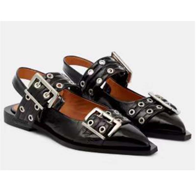 2024 Frühjahr/Sommer Neue Spitz Gürtel Schnalle Muller Echtes Leder Flache Unterseite Mary Jane Zurück Air Sandalen frauen Single_voghion.com