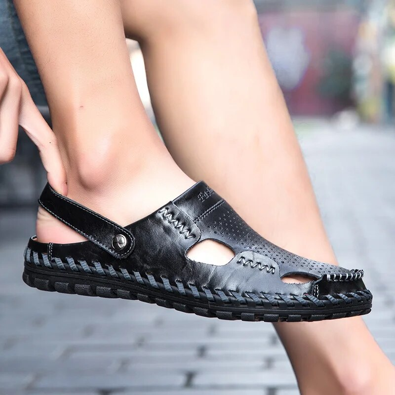Men's Casual Summer Beach Sandals Closed Toe Walking Outdoor Sandals Slip-On Comfortable Leather Shoes For Man_voghion.com