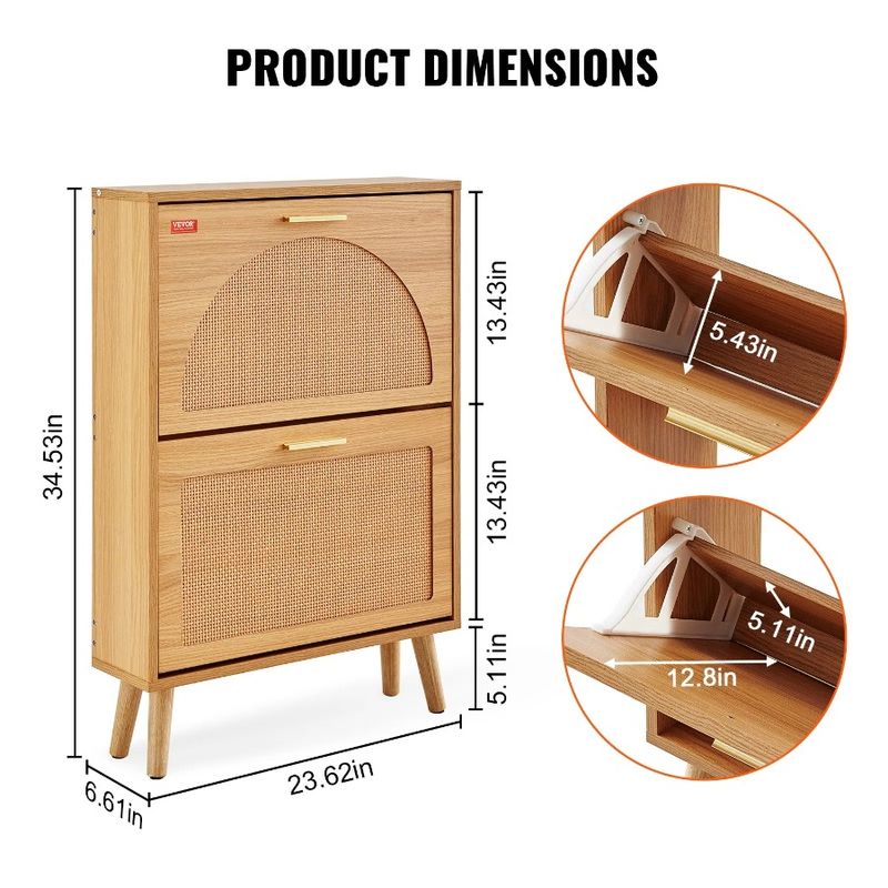 Armadio portascarpe con ante e cassetti per ingresso, 2 ripiani in rattan per scarpe, con organizer ribaltabile, in piedi, gratuito_voghion.com