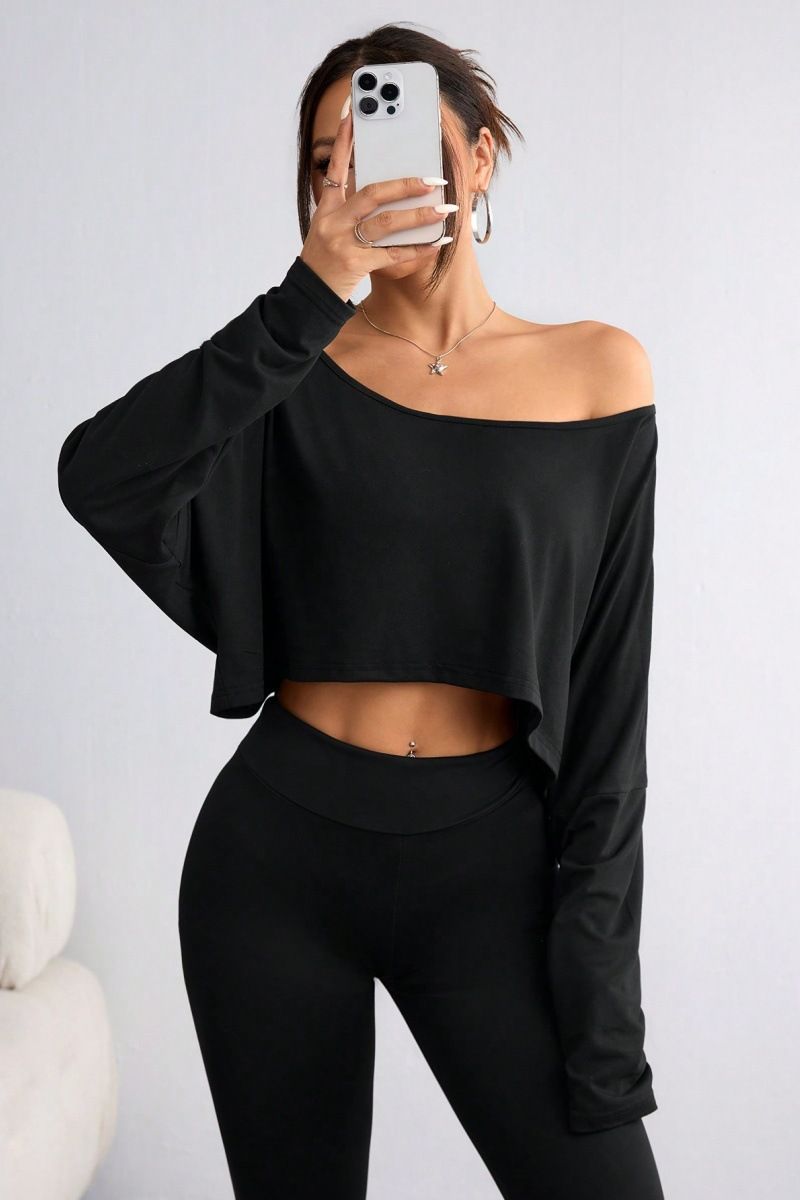 T-shirt à manches longues et col ample pour femme, style décontracté, avec nombril exposé_voghion.com