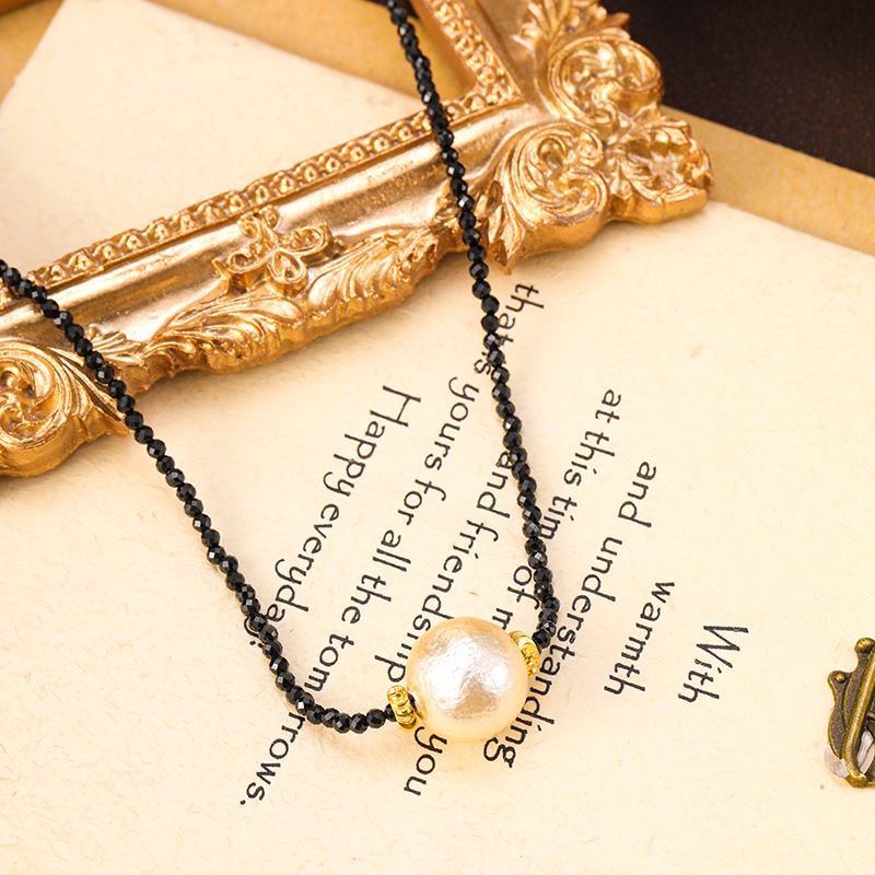 Collana con ciondolo in perle di cotone con cristalli neri a punta minimalista giapponese e coreano, versatile, leggera e lussuosa,_voghion.com