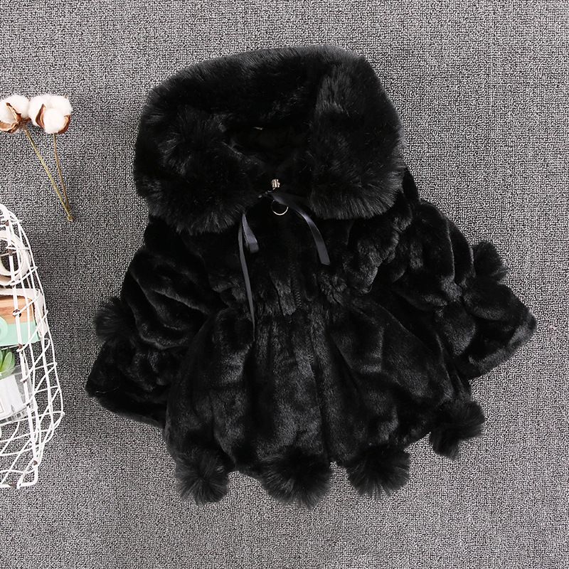 Kinderbekleidung Mädchen Herbst- und Winterpelzmantel Kinderimitationspelz Großer Pelzkragen Pelzball mit dickem Clip Baumwollmantel Flut_voghion.com