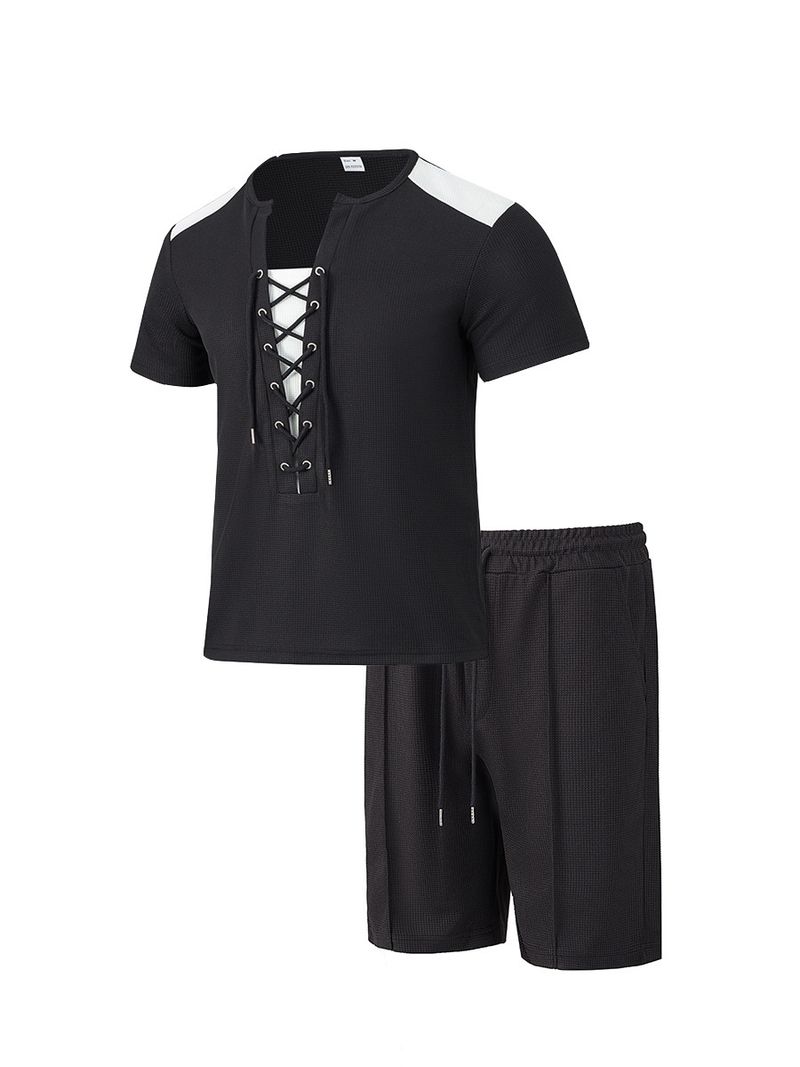 Ensemble décontracté 2 pièces pour homme : short à cordon et t-shirt à col rond | Tenue d'été à manches courtes_voghion.com