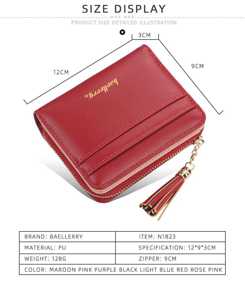 Portefeuille court pour femmes, version baellerry, avec plusieurs fentes pour cartes, porte-monnaie pour permis de conduire, sac pour femmes à bouton pompon à la mode_voghion.com