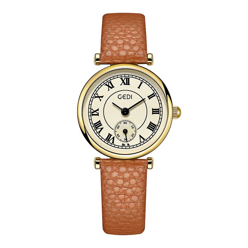 Goldie Simple Student High-End Kleine Sekunde Quarz für Frauen Nischenuhr mit Litschi-Narbenlederarmband_voghion.com