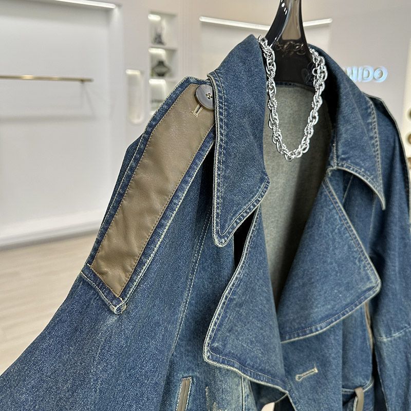 Women's Clothing Leather Denim Short Jacket Vintage Distressed Denim Jacket Women's Casual Oversized Short Coat With Patchwork Design, Retro Blue_voghion.com