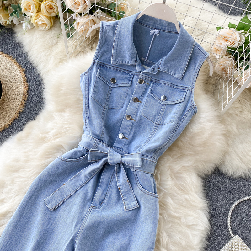 Ins Women's Retro Breasted Lace-up Waist Slimming Straight Wide-leg Pants Denim Jumpsuit For Women_voghion.com