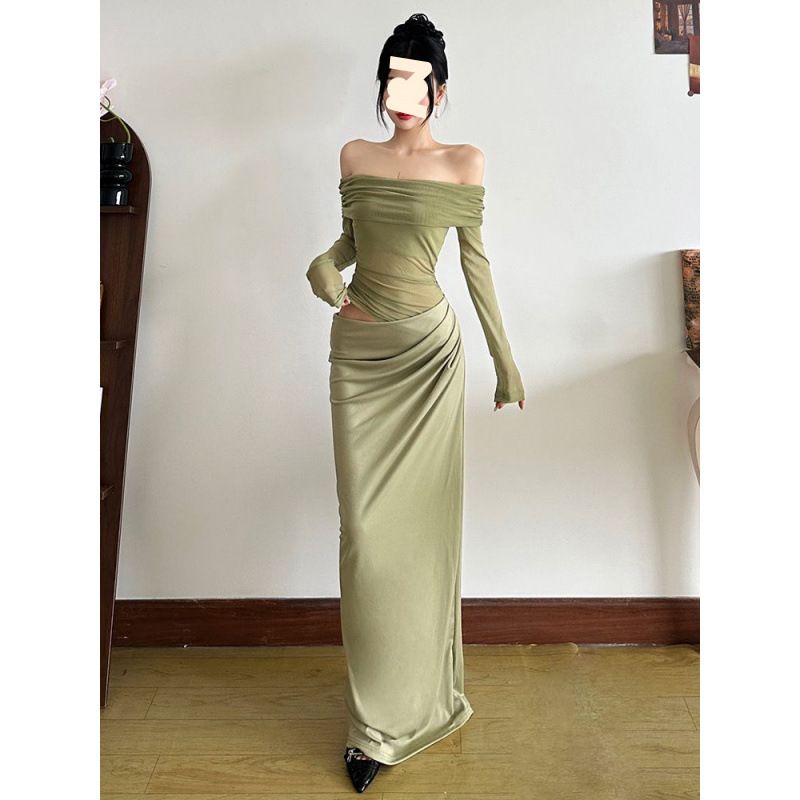 Abito da sirena aderente con vita cava, elegante e spalle scoperte, in rete verde, stile foresta, per donna_voghion.com