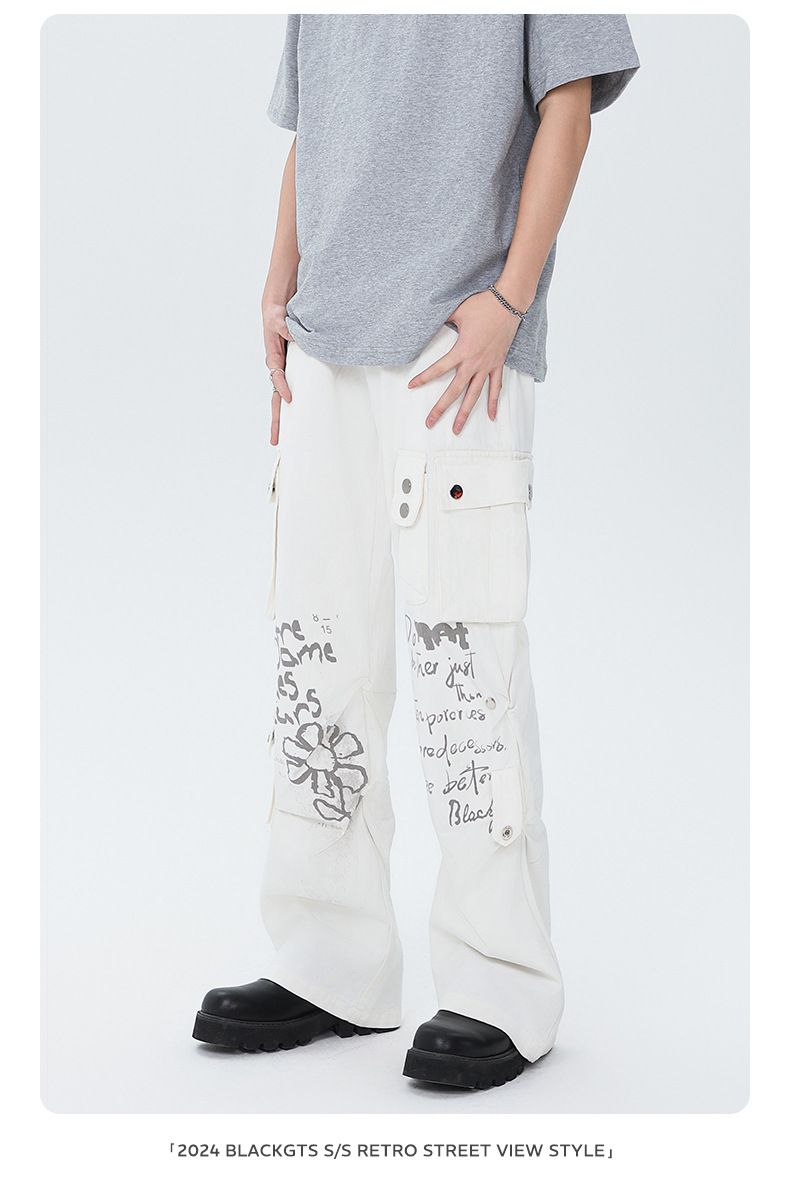 Men's Clothing Autumn White Overalls Water Slurry Print Overalls Retro Trendy Straight Overalls_voghion.com