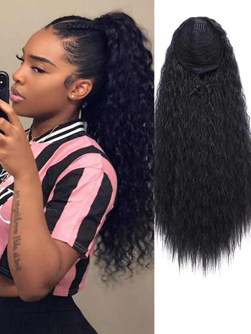 Braune lange Kordelzug-Verbundhaarverlängerung mit 61 cm geradem Dutt und Clip für Damen-Pferdeschwanz_voghion.com