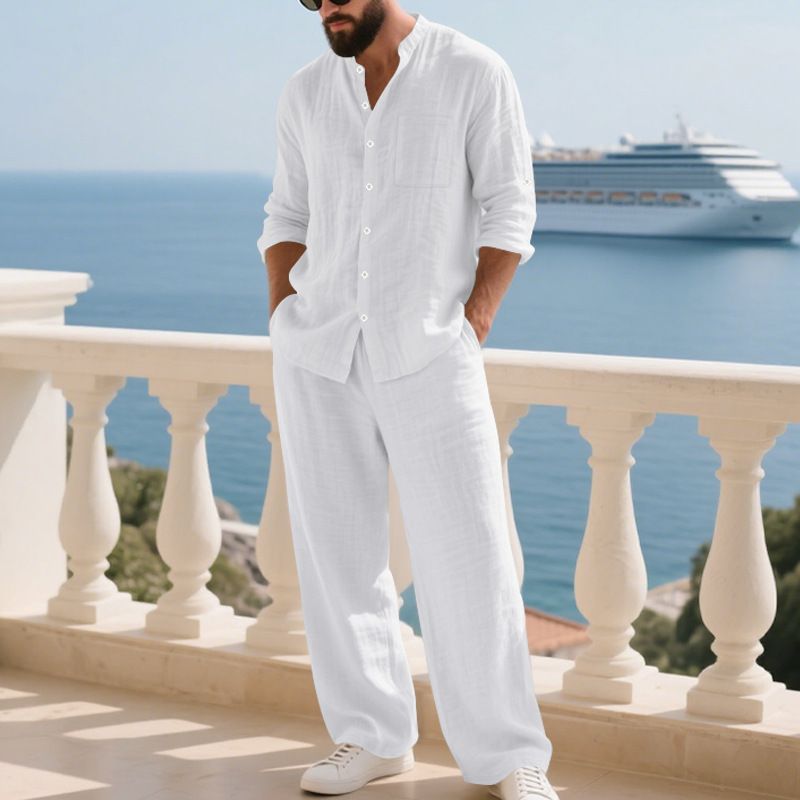 Camicia Henry a maniche lunghe, comoda e traspirante, in lino autunnale, da uomo, per la casa e la spiaggia_voghion.com