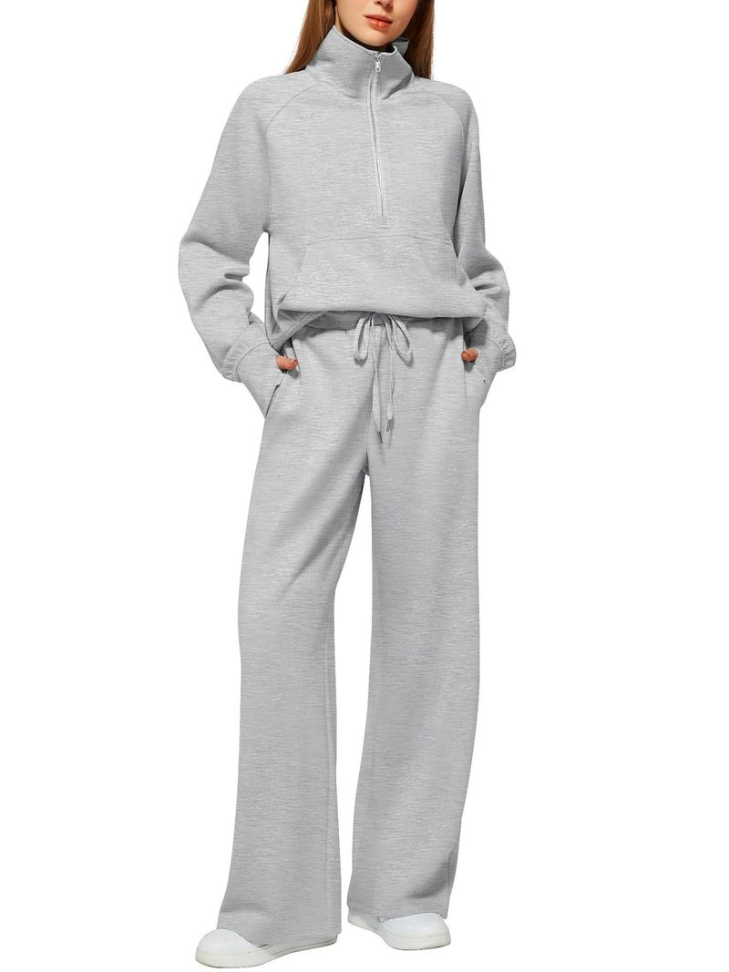 2025 Women's Two-Piece Oversized Half-Zip Sweatshirt Wide-Leg Sweatpants Casual Set_voghion.com