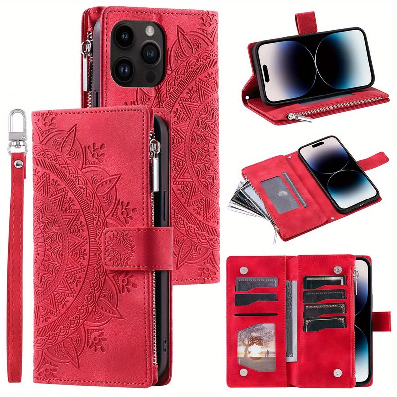PU Leather Cover with Zipper Card Slots, Magnetic Wrist Strap, and Multiple Card Holders for 15, 14, 13, 12, Mini, 11, Pro, X, XS, Max, XR, 8, 7, SE_voghion.com
