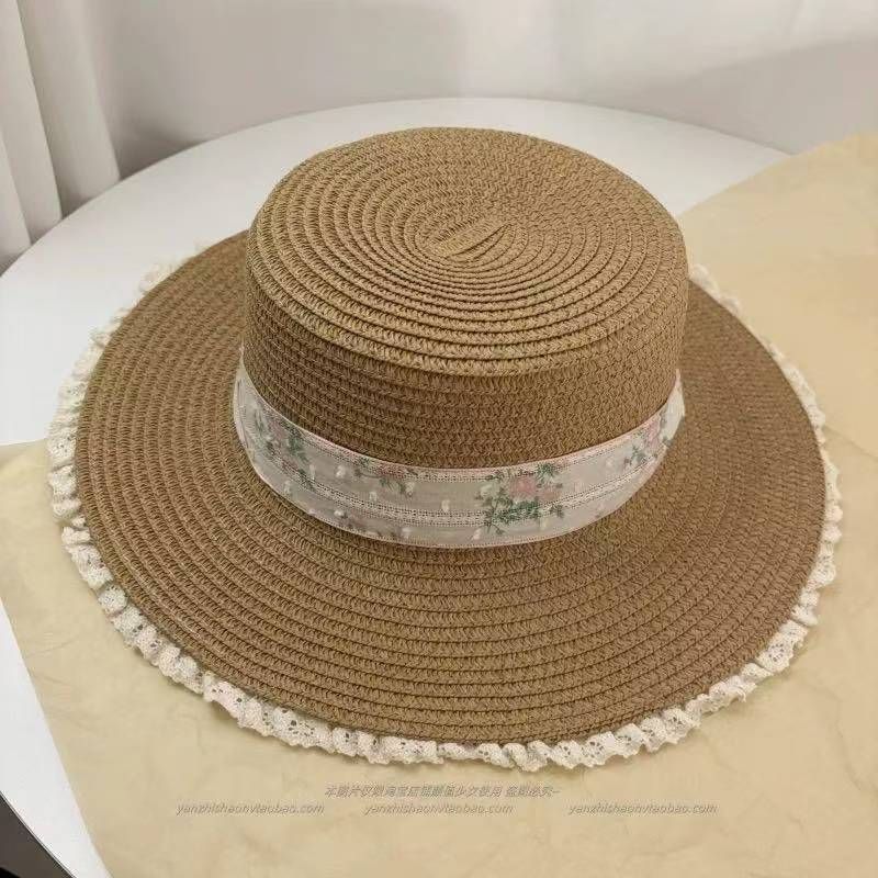 Strohhut mit Spitzenrand und Riemen für Damen, Sommerhut mit großer Krempe und flacher Oberseite, Strohflechthut für Strand, Strand, Sonnenschutz_voghion.com