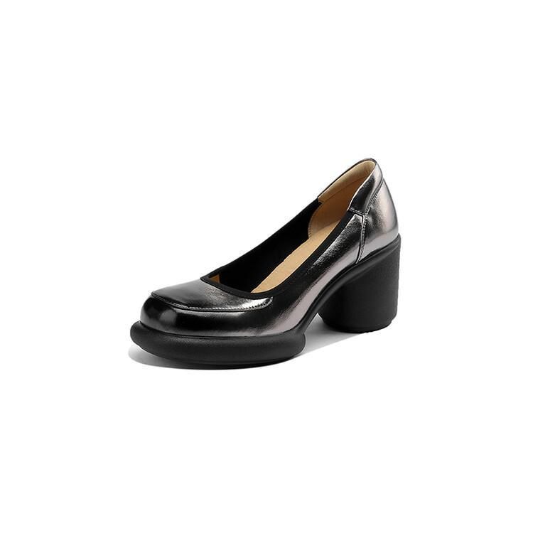 2025 Spring New Genuine Leather Chunky Round Toe Color Block Women's High Heel Waterproof Platform Gunmetal Lazy Slip-On_voghion.com