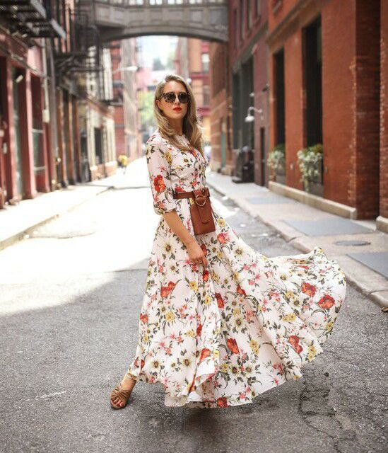 Damenbekleidung Langes Chiffonkleid mit Boho-Print, Rundhalsausschnitt und mittellanger Taille_voghion.com