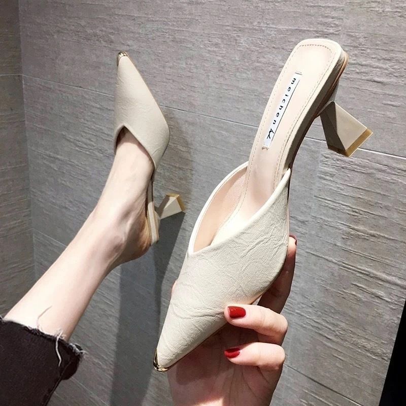 Try-On Half Mules High Heels Elegant Internet Celebrity Sandals Women's New Season Pointed Toe Versatile Chunky Heel_voghion.com
