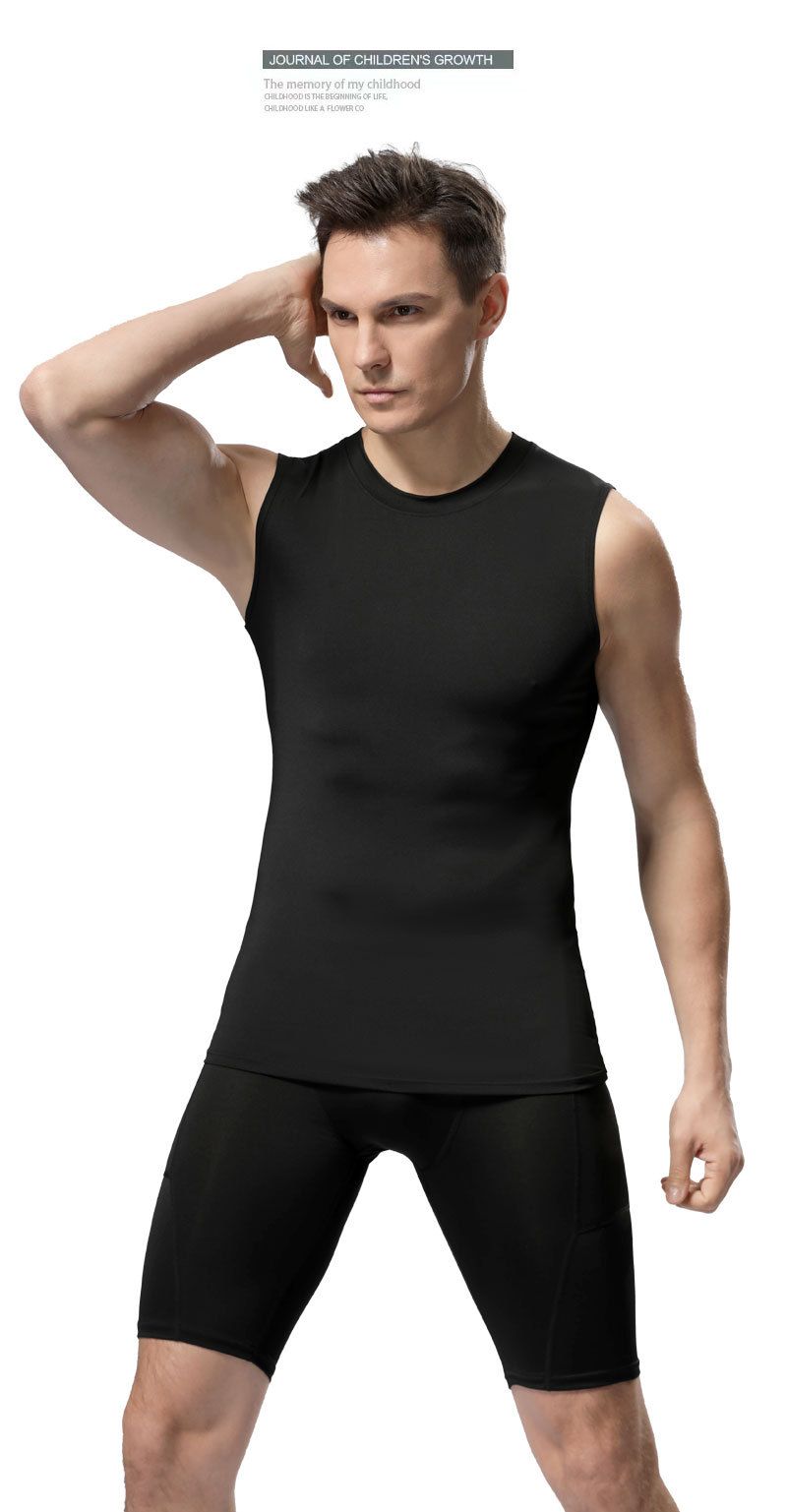 Sports tights men's short-sleeved vest football basketball training suit waistcoat bottoming top sweat-absorbent quick-drying fitness clothes_voghion.com
