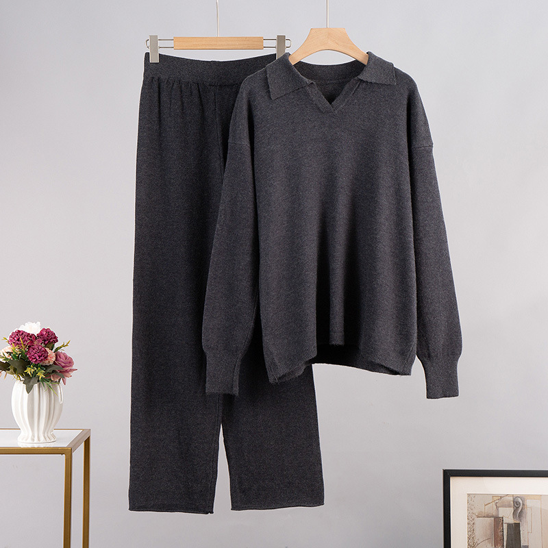 Damenbekleidung Strickanzug Herbst- und Winterpulloveranzug Strickpullover mit Polokragen + Hose mit weitem Bein, zweiteiliges Set_voghion.com
