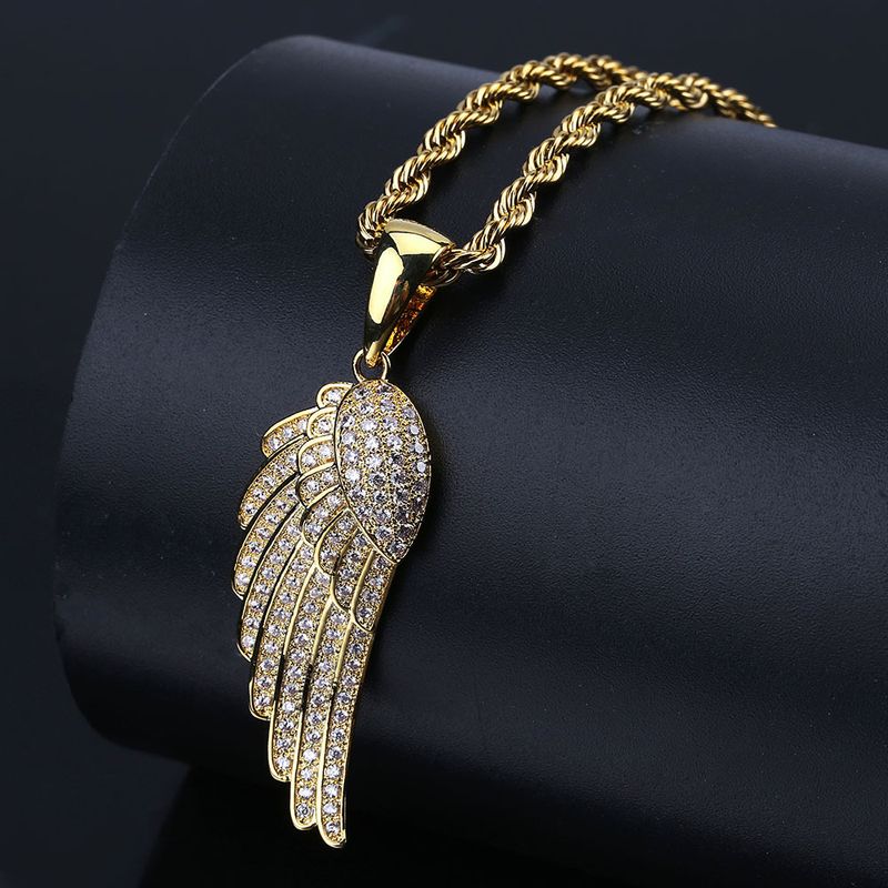 Men's Jewelry Hip Hop Feather Pendant Necklace With Micro-Pave Zirconia And Gold Plating, 24-Inch Twist Chain, Unisex Design_voghion.com