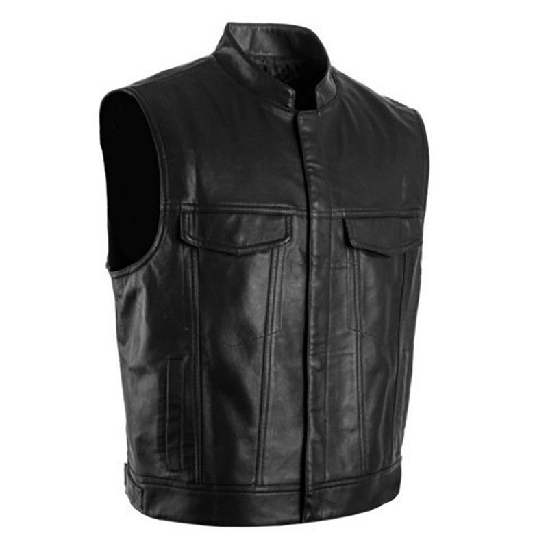 Top Excellent Zipper Button Motorcycle Casual Leather Vest P75 Men_voghion.com