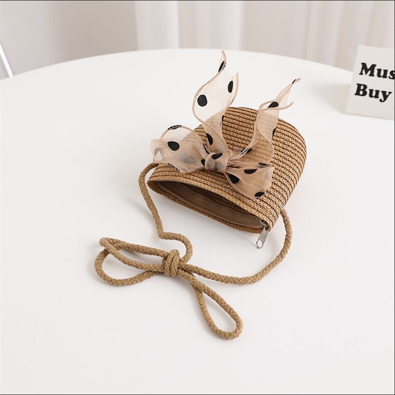Nuovo set di cappelli e borse parasole con fiocco coreano a pois e onde di paglia per bambini, dolce e carino_voghion.com