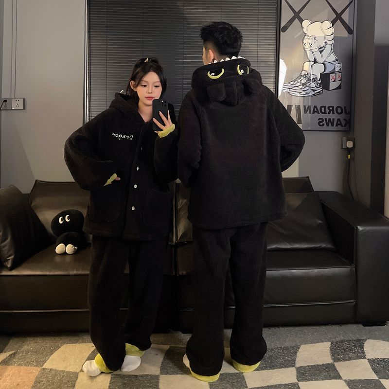 Toothless Couple Little Monster Long Winter Pajamas Cute Cartoon Plus Plush Thick Home Clothes Women's Set_voghion.com