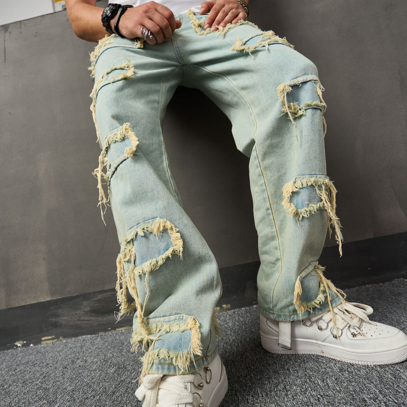 Rei'itetty saumakangas, biovaikutteinen denim, löysä ja lentävä parta, muodikkaat leveät rennot miesten housut_voghion.com