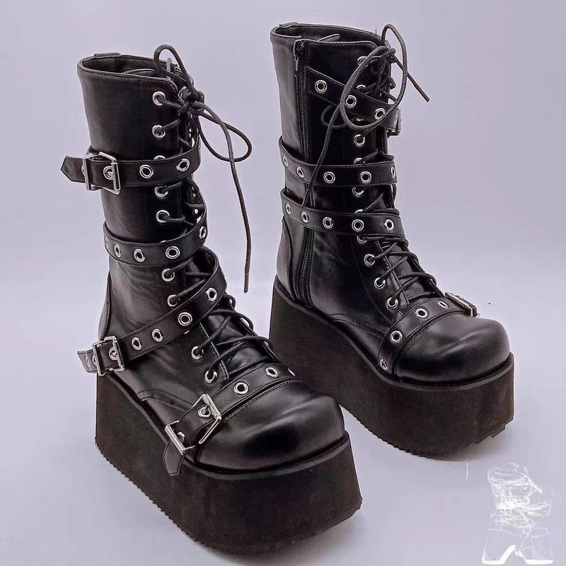 Damen-Stiefeletten im Punk-Stil mit Plateausohle, Schnallendetail, runder Zehenpartie und seitlichem Reißverschluss, Gummisohle für mehr Komfort. Große Damenstiefel_voghion.com