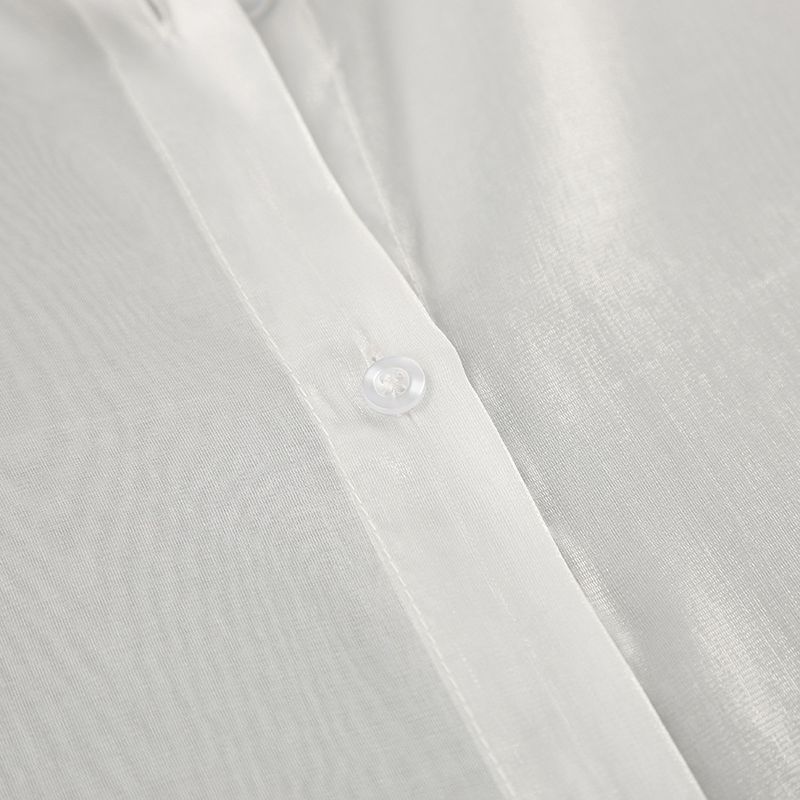 Camicetta in chiffon bianco trasparente con bordo in pizzo floreale e orlo a peplo - Top sexy da ufficio e da sera per donna, primavera/estate_voghion.com